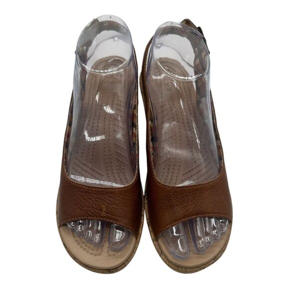 Crocs Wedge A-Leigh Sandals Womens 6 Brown Slingback Cork Heel 11848 - Picture 5 of 11
